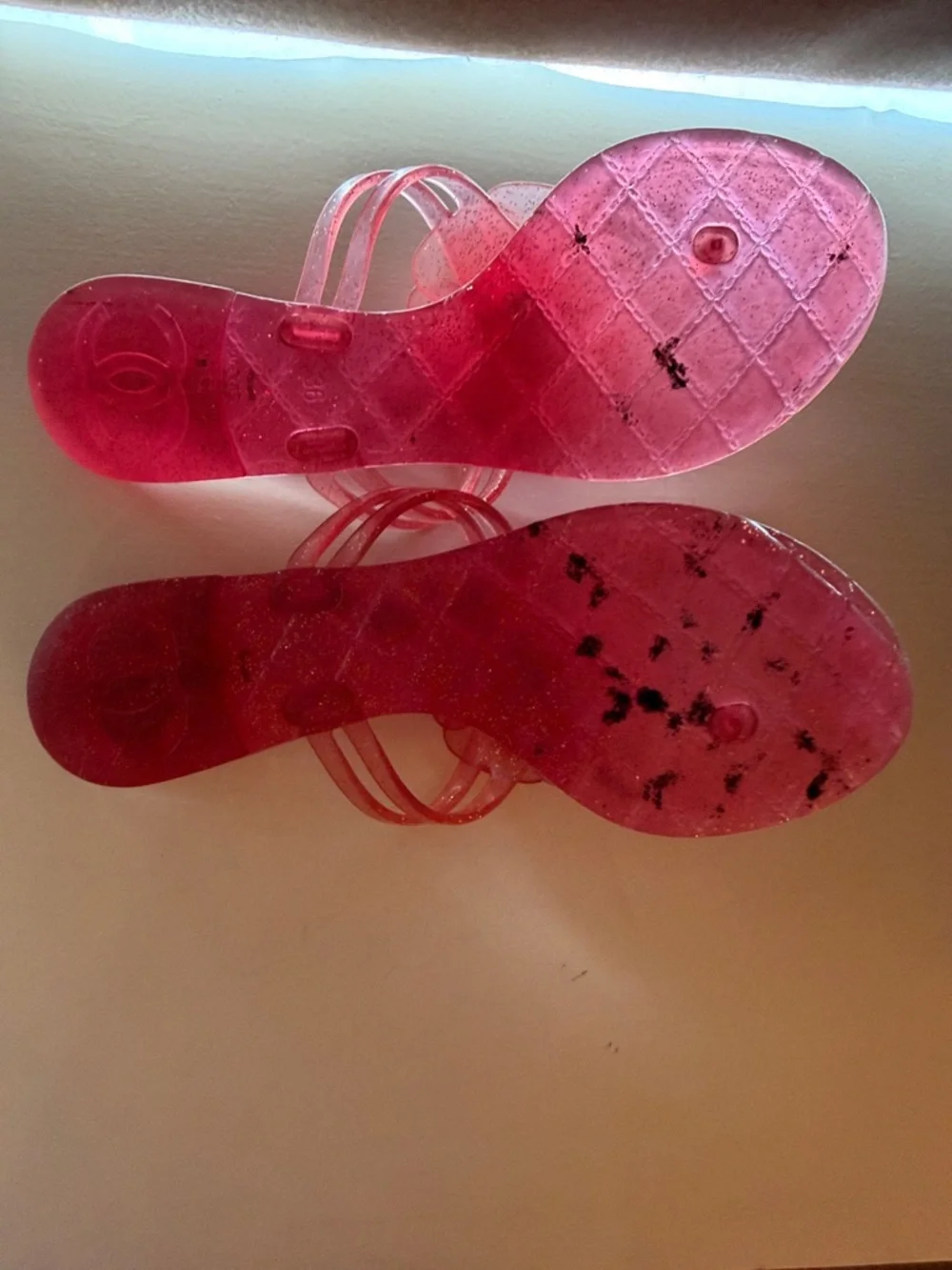 CHANEL Pink Jelly Camellia Slide Sandals with Gold CC Accents